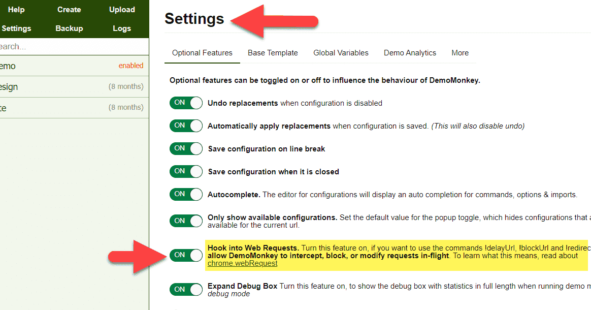 Image showing how to enable Hook into web requests.