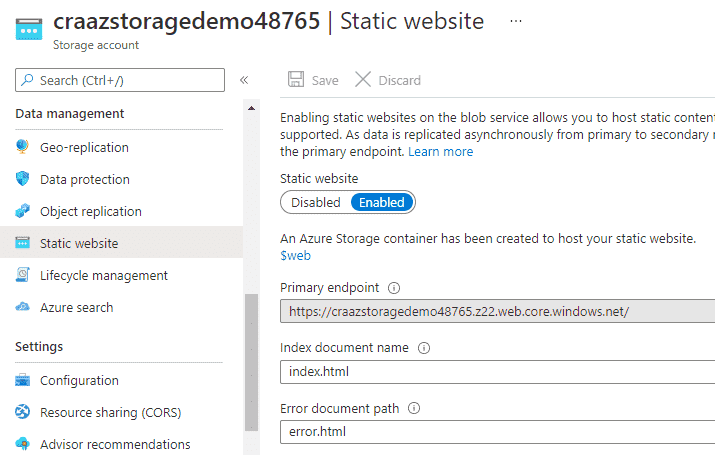 Screenshot showing the options available after enabling static site on a storage account.