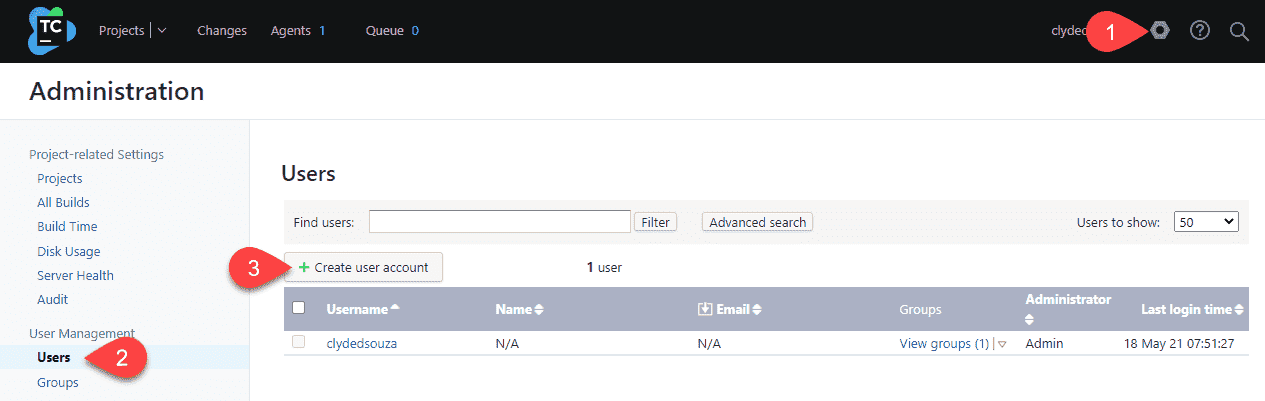 Screenshot showing how to create a new user in TeamCity.