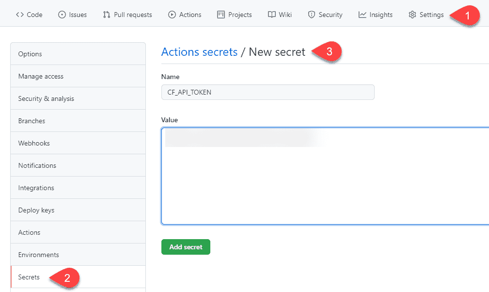 Screenshot showing how to add a secret in GitHub.