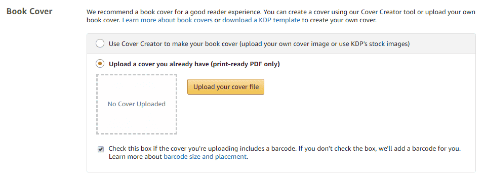 Image showing how to upload the book cover in Amazon KDP.
