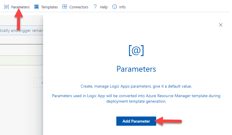 Image showing how to add a parameter in the Logic App.