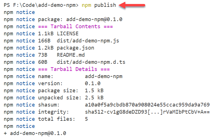 Screenshot showing npm publish command in action.