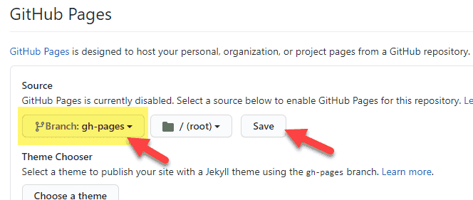 Screenshot showing how to enable GitHub Pages.