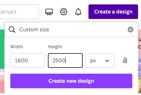 A screenshot of how to set the width and height of a design in Canva.