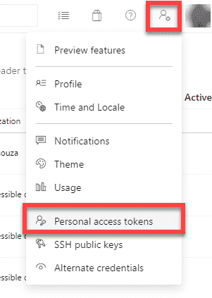 Picture showing where to find the personal access token creation option in Azure DevOps.