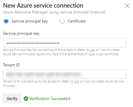 Image showing the result of re-validating the connection from Azure DevOps to Azure