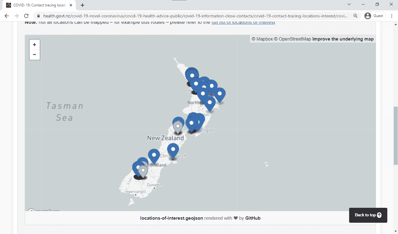 An image of Ministry of Health NZ's locations of interest rendered on a GeoJSON rendered map.