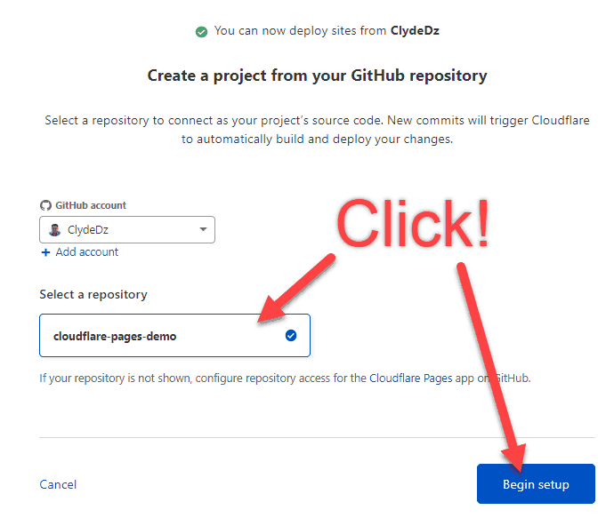 An image showing what to click when creating a new project in Cloudflare Pages and connecting with GitHub.