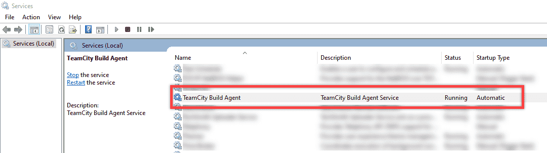 Screenshot showing the TeamCity build agent service running as a Windows service.