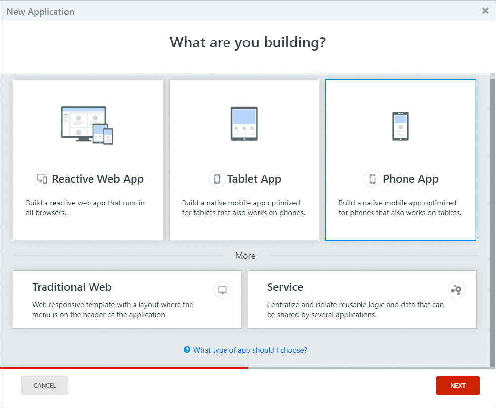 GIF showing the New Application screens presented to the user in OutSystems.