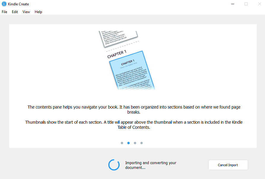 Screenshot of the import in progress window seen after importing a Word document in Kindle Create.