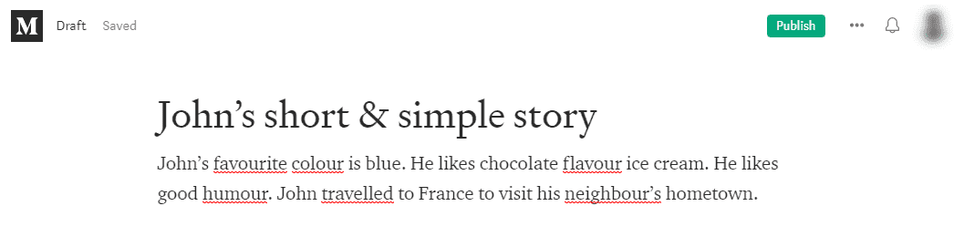 Sample story with spellcheck errors using American English dictionary