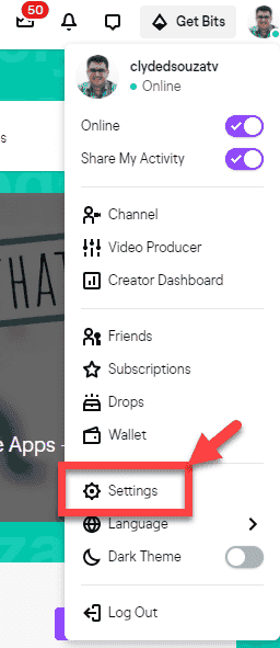 Finding settings menu in Twitch.