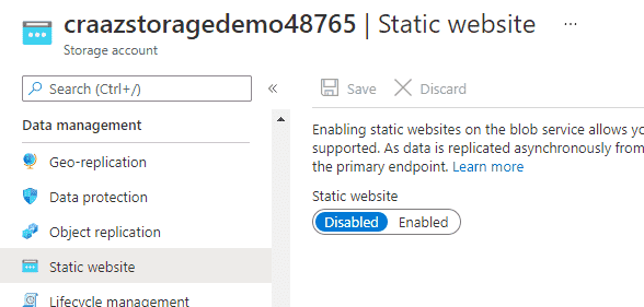 Screenshot showing how to enable static site on a storage account via the Azure portal.