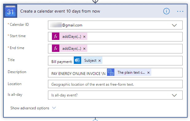 Image showing how to configure Google Calendar event action in Automate