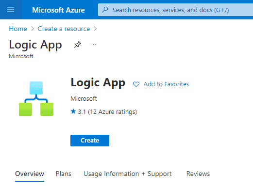 Image showing the create resource page of a Logic App.