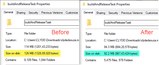Before and after picture of the file size of the buildAndReleaseTask folder.