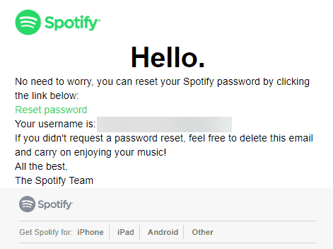 Image of the reset password email.