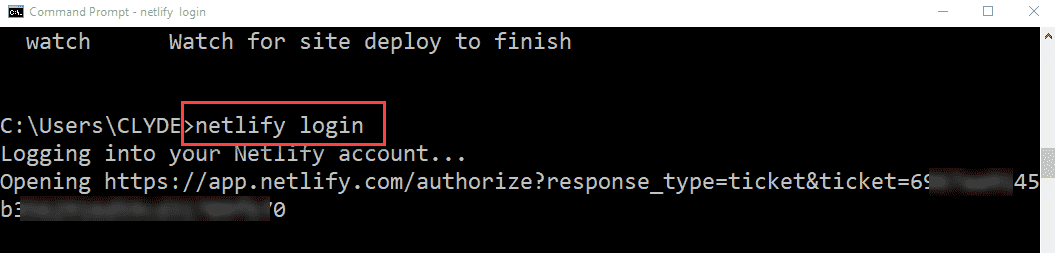 Image showing a command prompt using the Netlify login command.
