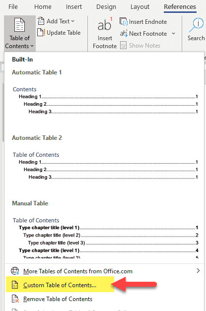 Screenshot showing how to add a table of contents in Microsoft Word.