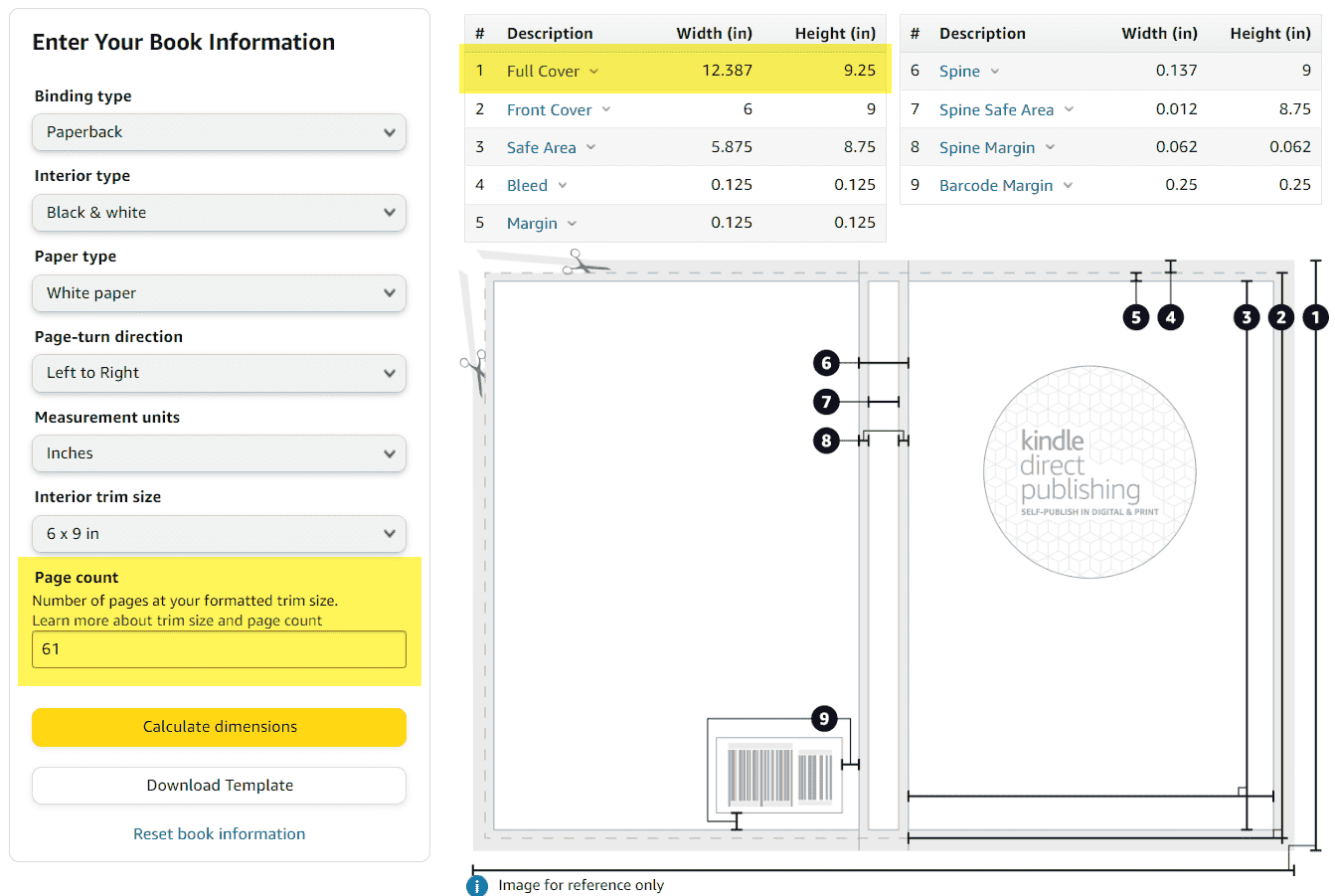 A screenshot of Amazon's tool to download a book cover template.