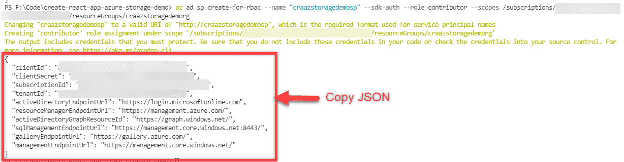 Screenshot showing the output of an Azure CLI command.
