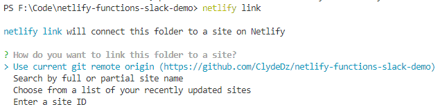 Screenshot showing how to link a local code repository with Netlify
