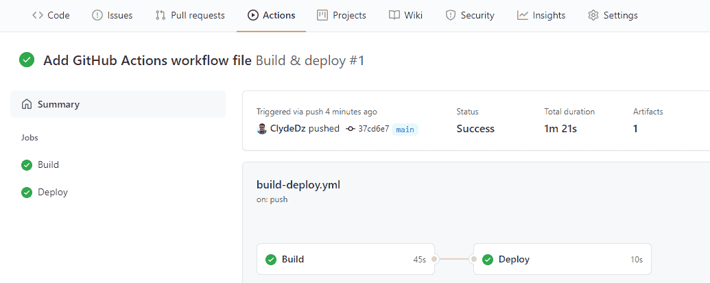 Screenshot of GitHub Actions UI featuring a successful workflow run.