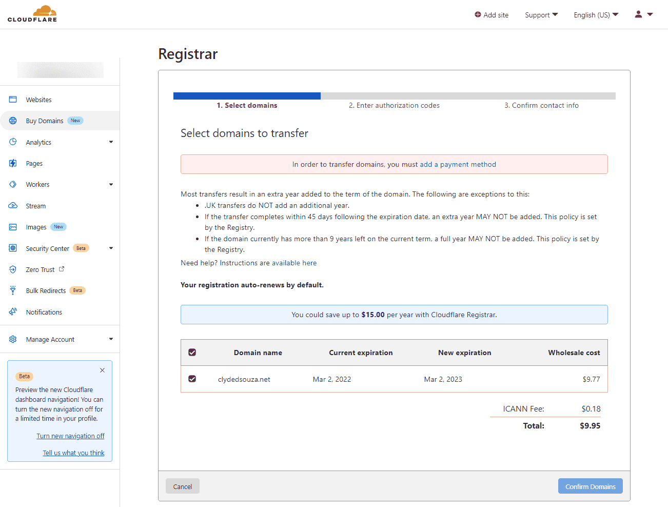 Image of the initiate transfer screen in Cloudflare