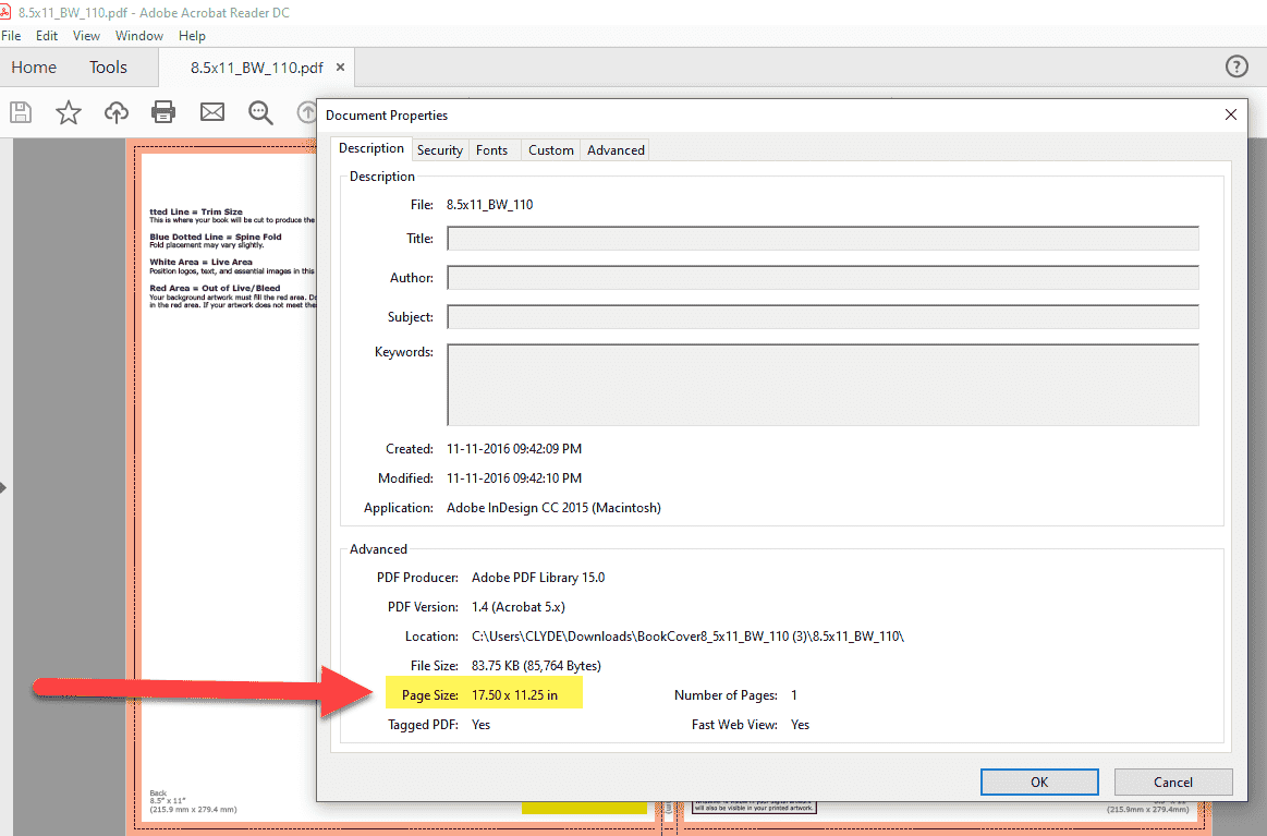 Image showing where to find the PDF dimensions in Adobe Acrobat Reader.