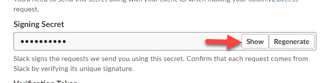 Screenshot showing how to get the signing secret value.