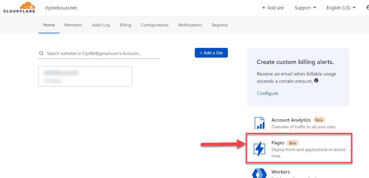 Screenshot of the Cloudflare dashboard and an arrow pointing towards Cloudflare Pages option.