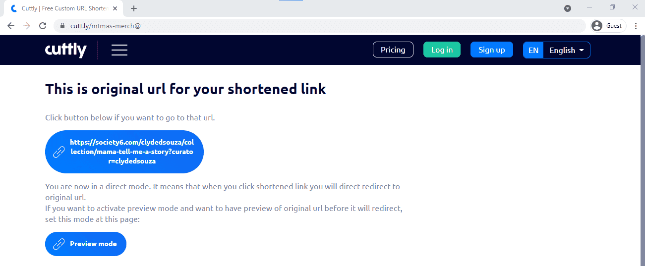 Screenshot of Cuttly's link shortening page.