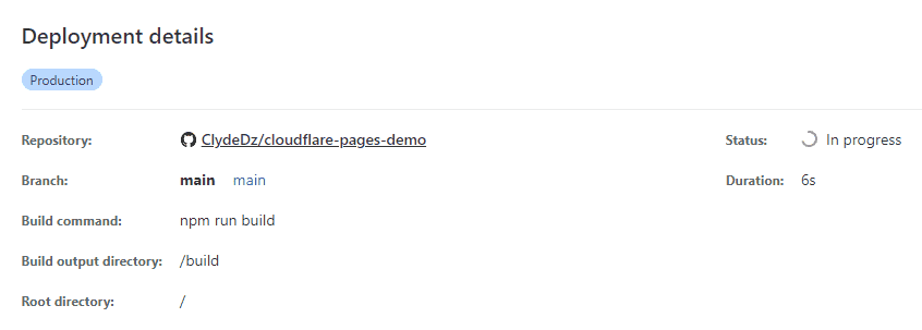 An image show the deployment details in Cloudflare Pages.