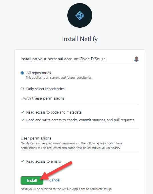 Screenshot showing how to install Netlify in GitHub.
