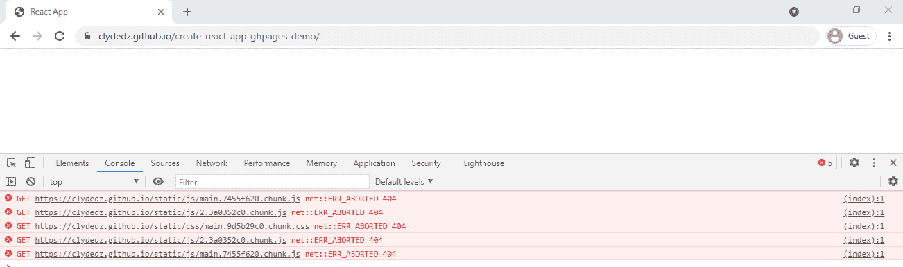 Screenshot showing the demo website with an empty screen and error messages in the console.