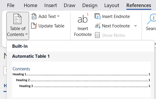 A screenshot of how to add table of contents in Microsoft Word.