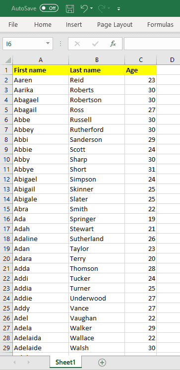 Sample Excel list of data