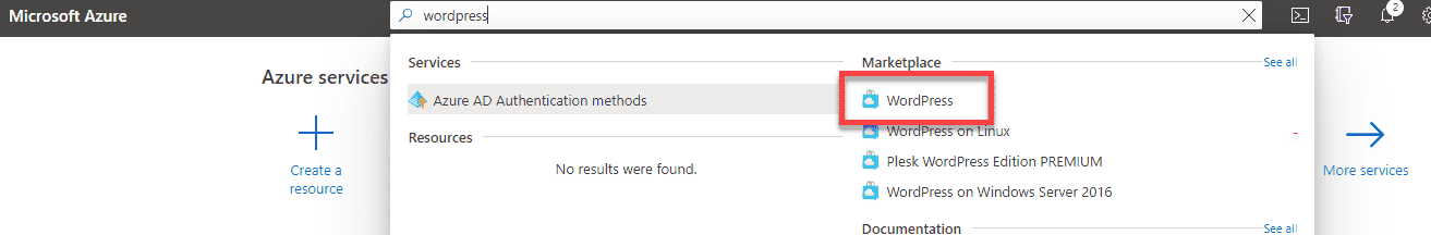 Selecting WordPress from the Azure Marketplace
