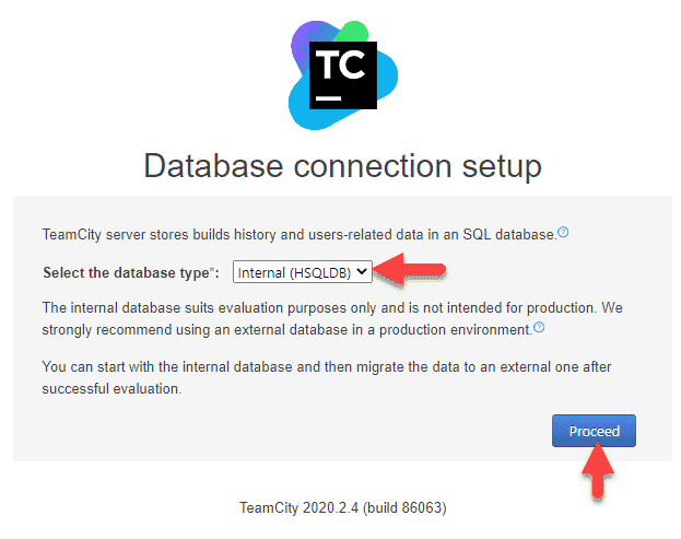Screenshot of TeamCity's database connection setup.