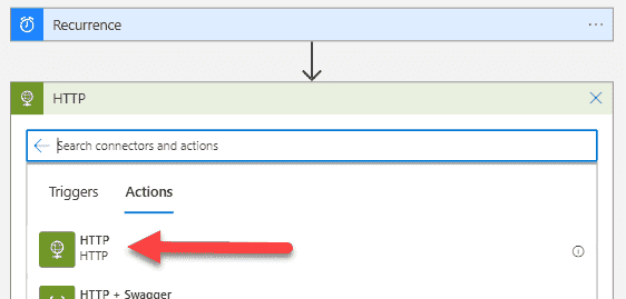 Image showing how to select the HTTP action for our Logic App.