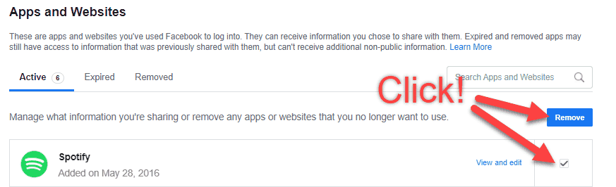 Image showing how to remove Spotify app from Facebook.