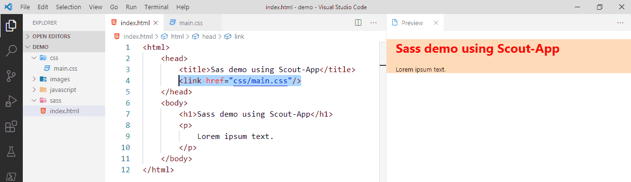 Screenshot showing the code that references a CSS file and the output of the code beside it.