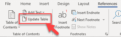 Screenshot showing how to update the table of contents.