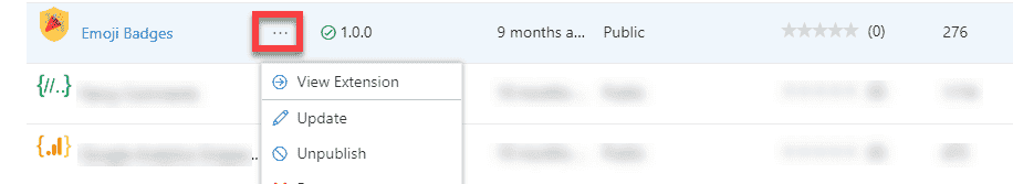 Picture showing the context menu besides the Emoji Badges VS Code extension in the Marketplace manage publishers page.