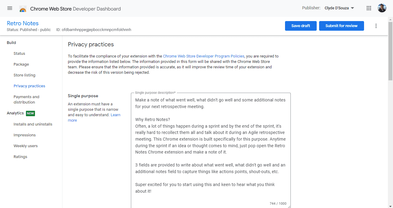Chrome Web Store Developer Dashboard privacy practices page.