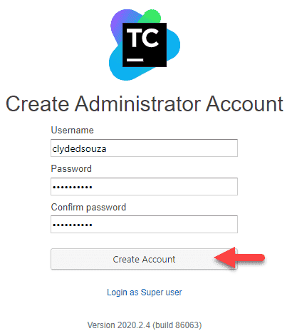 Screenshot of TeamCity's create administrator account page.