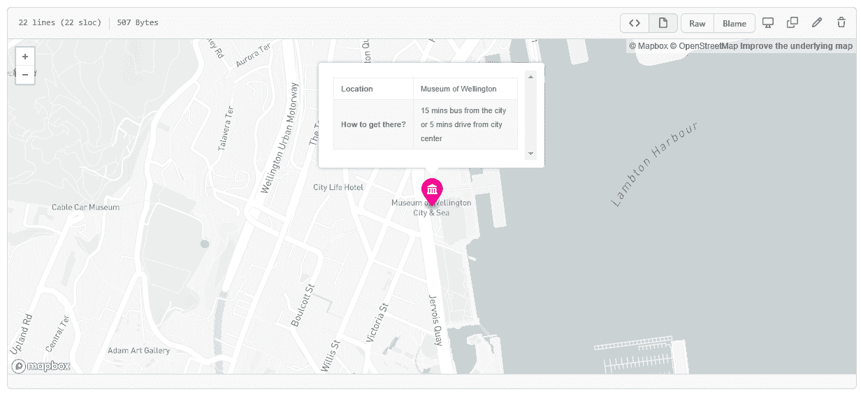 An image of a marker rendered on a GeoJSON rendered map.