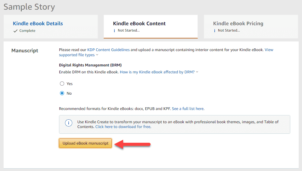 Screenshot showing how to upload the .kpf file in Kindle Direct Publishing.